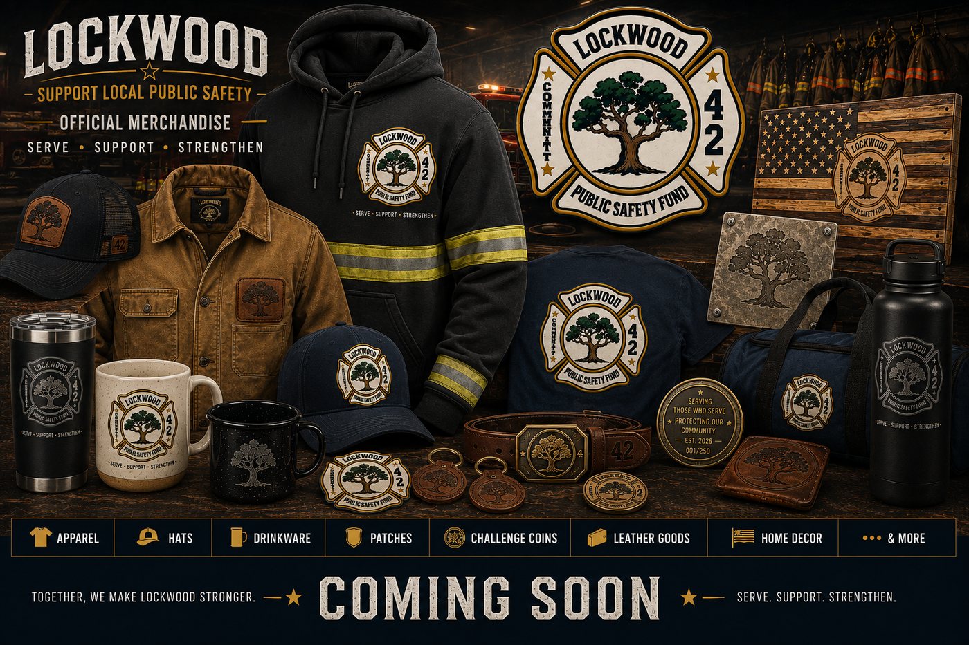 Lockwood official merchandise coming soon: hoodies, shirts, hats, drinkware, patches, challenge coins, leather goods, and home decor carrying the oak-and-cross badge. Serve. Support. Strengthen.